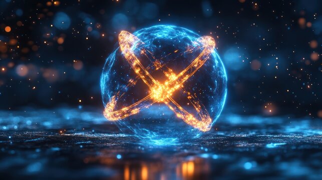 Glowing blue sphere with fiery orange cross inside, sparkles and bokeh background.