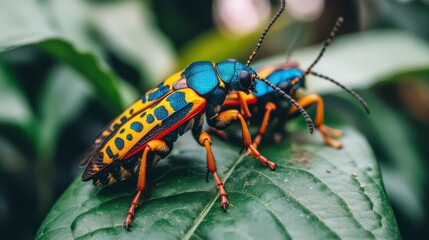 Fototapeta premium Vibrant Insects Resting on Large Tropical Leaves