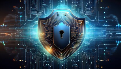 A digital shield symbolizing cybersecurity, featuring a lock and circuit patterns, representing protection and encryption in technology.