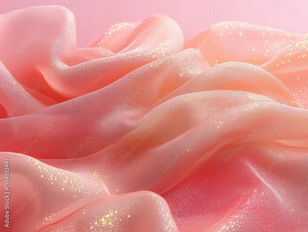 Poster a close-up of shimmering pink fabric with soft folds and sparkles.