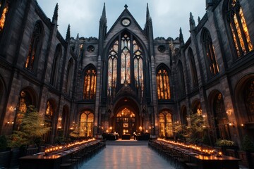 Fototapeta premium A dark and moody jazz performance in a gothic cathedral, with stained glass windows casting eerie, colorful light