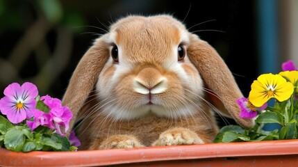Playful rabbit among colorful flowers in a garden nature photography close-up shot serenity and beauty