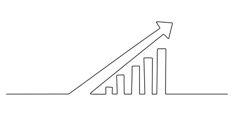 A continuous line drawing of a growth chart with an arrow, representing financial progress and business development. Hand drawn vector art.