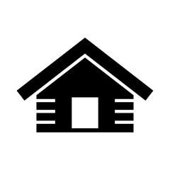Log cabin in woods icon or logo. Simple wooden cottage vector illustration.