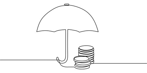 Continuous Line Drawing of Umbrella Shielding Money. Financial Security in Business