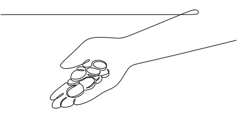 Continuous Line Drawing of Hands Passing Coin. Symbolizing Money Flow and Transactions