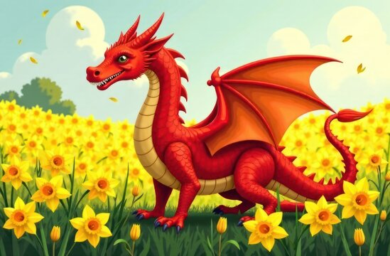 vibrant red dragon among bright yellow daffodils under blue sky with fluffy clouds. st david's day celebration. welsh culture and traditional spring holiday. greeting card or poster design.