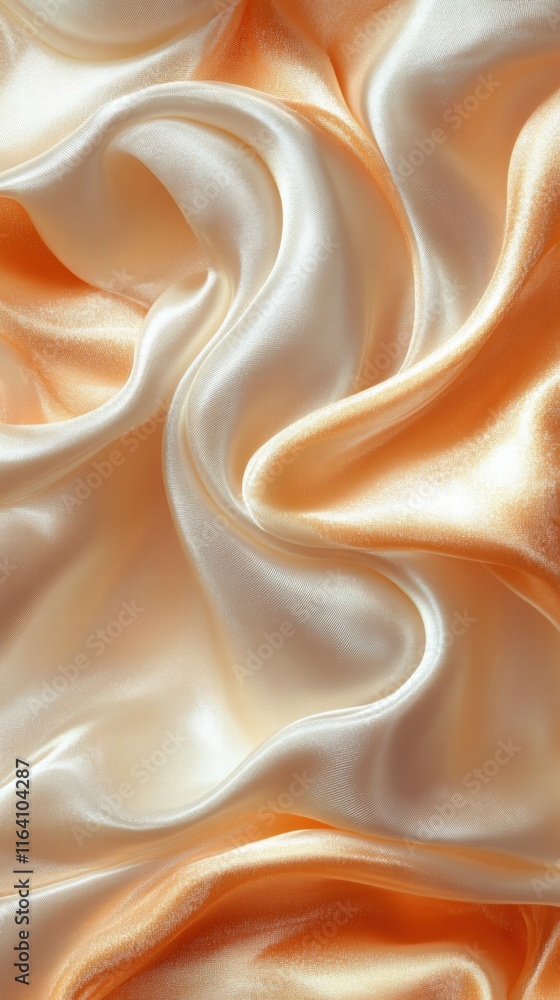 Poster a close-up view of soft, flowing satin fabric in shades of peach and cream.
