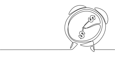 Continuous Line Drawing of Clock with Dollar Sign Pendulum. Time and Financial Connection
