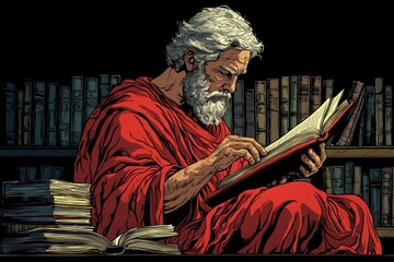 Fototapeta premium A man stands in front of a bookshelf, holding a tablet device and browsing its content. stock
