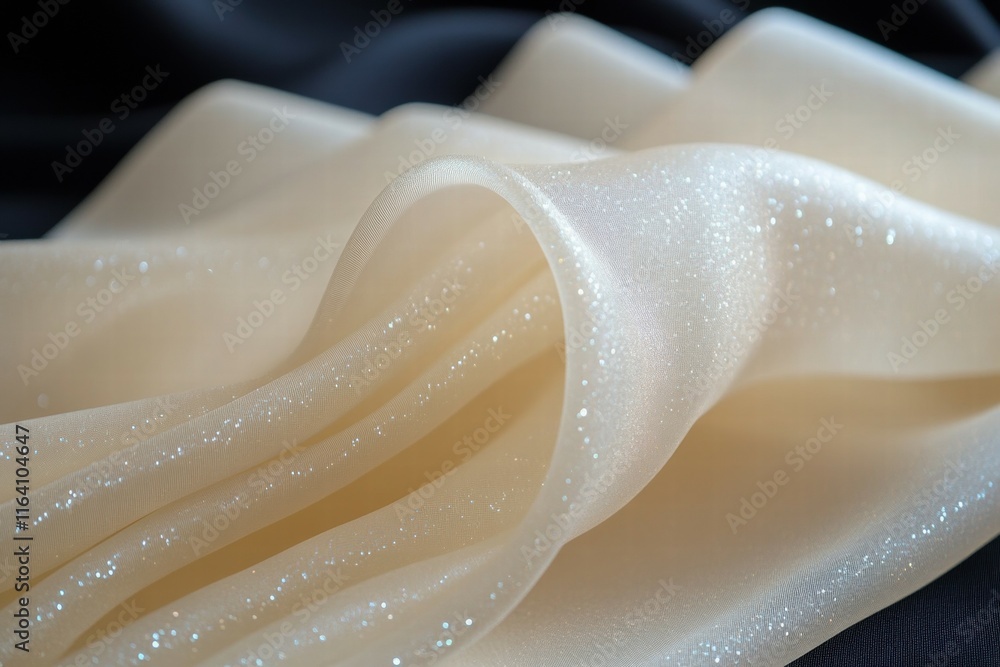 Poster a close-up of shimmering, sheer fabric draped elegantly, showcasing its texture and sparkle.