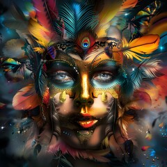 Obraz premium Glowing Carnival Dancer in Vibrant Feathers and Dynamic Colors