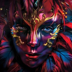 Fototapeta premium Surreal Masked Dancer in Neon Carnival Lights with Glowing Feathers