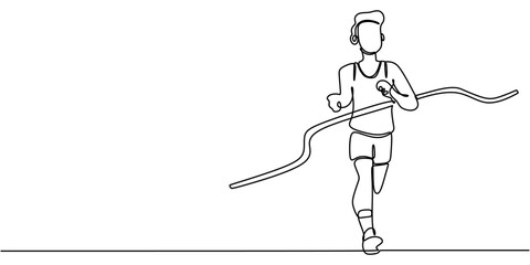 Runner Crossing the Finish Line. Symbolizing Victory in Sports. One Line Drawing for Healthy Living