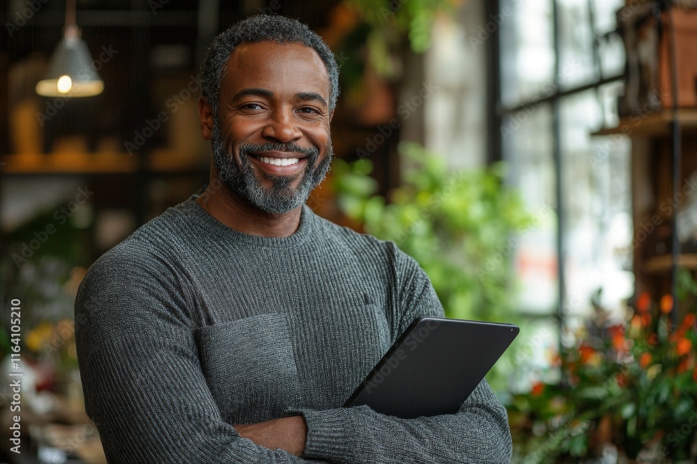 Poster library, a student and a smiling black man, engaging in research using a tablet and digital devices.