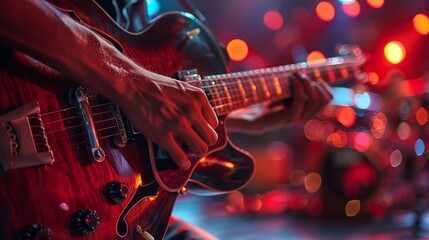 Fototapeta premium Close-up of musician's hands playing electric guitar on stage during a concert.