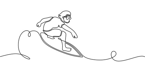 Continuous Line Drawing of a Man Surfing. Illustrating Thrill of Water Sports and Healthy Lifestyle