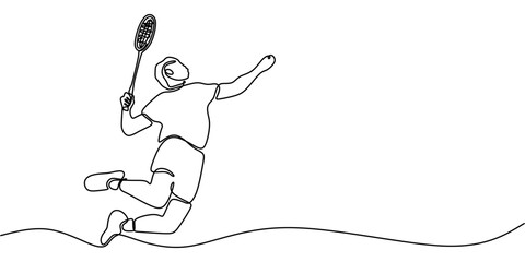 Continuous Line Drawing of a Man Playing Badminton. Illustrating Athleticism and Competitive Spirit