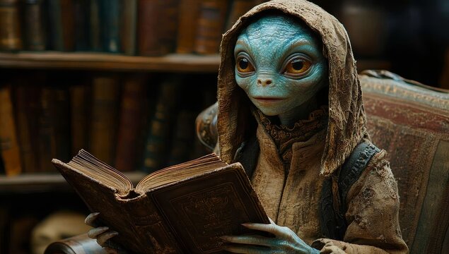 A futuristic, blue-skinned alien engrossed in an ornate book amidst a vast, well-lit library, where the shelves overflow with books, fostering an atmosphere of scholarship and accentuating the