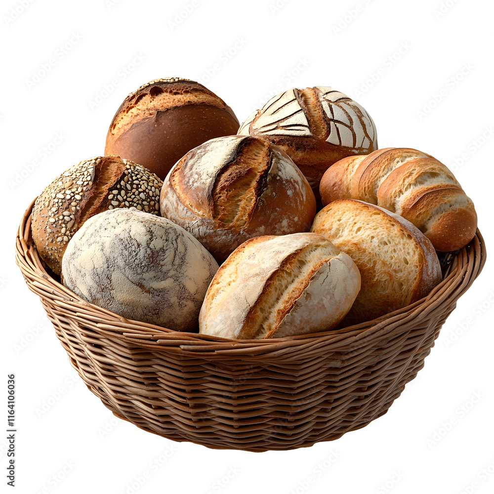 Poster various types of bread in a wicker bascket isolated on transparent background generative ai.