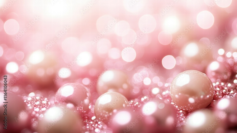 Poster a dreamy arrangement of pink and cream pearls with a soft bokeh background.