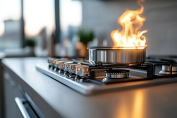 An intense kitchen moment captured with flames shooting from a pan on a modern stove, conveying the excitement and unpredictability of cooking.