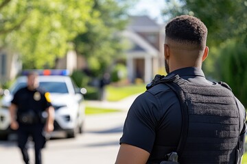 A police officer keeps watch over a neighborhood, representing community safety and the relationship between law enforcement and the public in a tranquil setting.