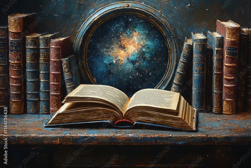 Poster an open book in the foreground with a circular futuristic library tunnel andshelf lights