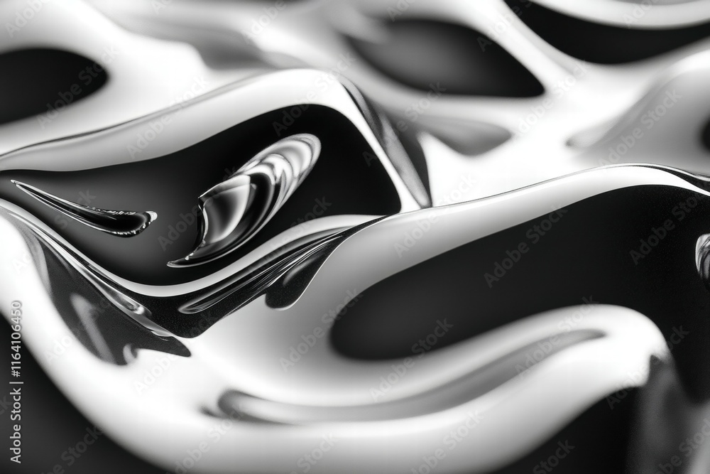 Poster Abstract metallic waves create a fluid, reflective surface with dynamic shapes and shadows.