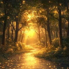 Obraz premium Walk through a tranquil forest bathed in golden light