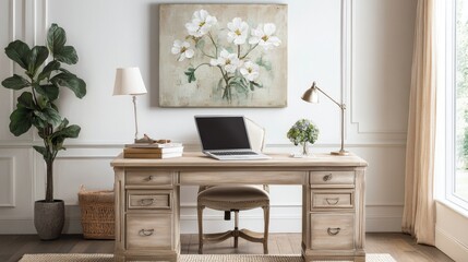 Home office interior with wooden desk, laptop, white flowers painting, and plants.