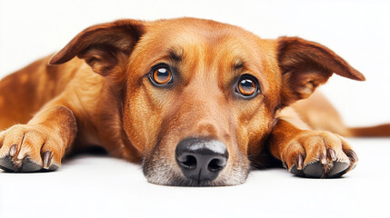 Sad brown dog lays on white background 