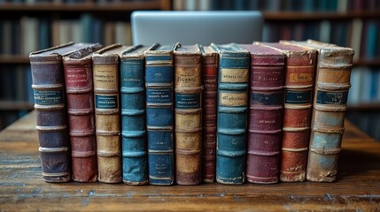 Naklejka premium Stack of books placed next to a laptop, portrayed in a realistic style, with a blurred bookshelf in the background, reflecting the concept of education