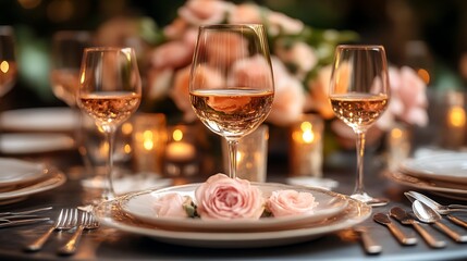 Romantic Dinner Setting With Rose Decor And Wine Glasses