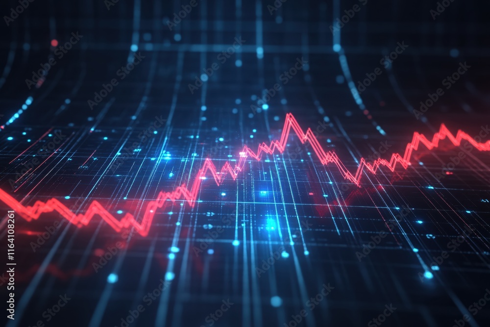 Poster abstract data visualization with red line graph on digital background