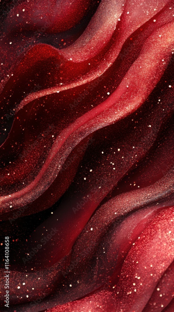 Poster Abstract red waves with shimmering particles create a vibrant, dynamic visual texture.