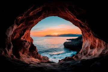 A haunting image of a shadowy cave near the Jamaican coast, with eerie lighting and waves crashing inside