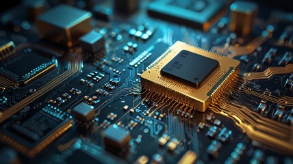 Obraz premium Here are a few options for your stock photo description, all under 200 characters:**Option 1 (Focus on technology):**> Close-up of a circuit board with a central processor