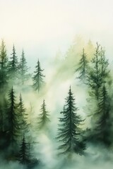 Fototapeta premium Captivating watercolor painting of a foggy pine forest.