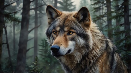 Fototapeta premium Here are a few options for your stock photo description, all under 200 characters:**Option 1 (Focus on mood):**> Majestic wolf portrait in misty forest