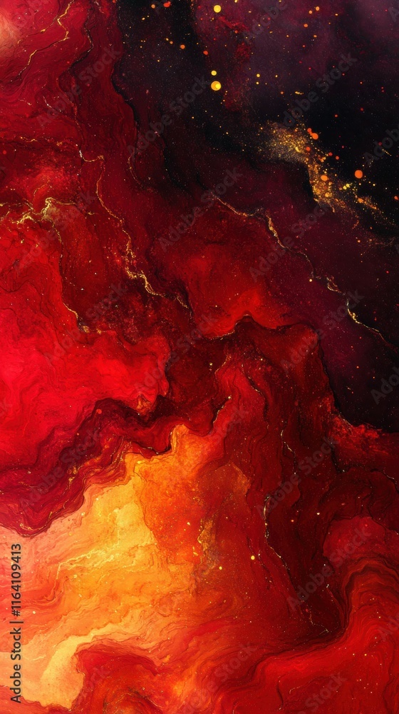 Poster abstract swirling patterns in vibrant reds and golds, evoking energy and movement.