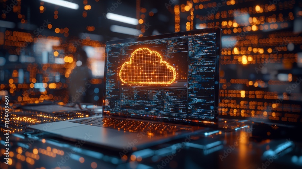 Poster working on laptops, developers delve into cloud native application development and cloud computing