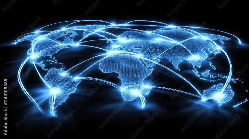 Poster glowing digital world map network with connected nodes in blue light background