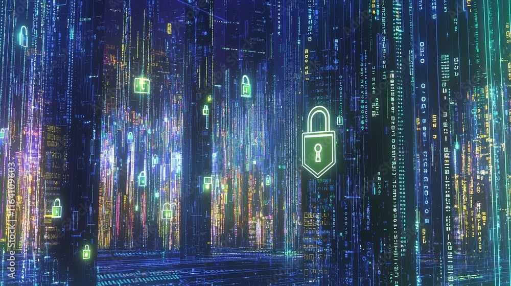Poster visual abstraction in cybersecurity: digital shields and encrypted data streams rendered in dark ton