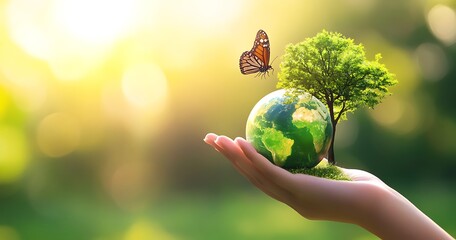 Hand holding a green planet with a tree and butterfly, earth day concept