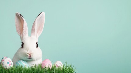 Obraz premium Cheerful Easter Invitation Featuring Colorful Decorated Eggs and Curious White Bunny in Grass Against Soft Pastel Blue Background