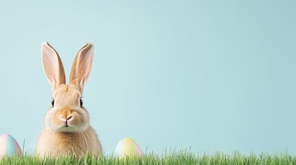 Obraz premium Adorable Easter Bunny With Colorful Eggs in Lush Spring Grass on Pastel Blue Background for Festive Holiday Card Design