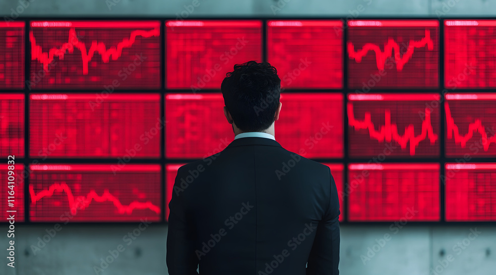 Aufkleber a businessman stands in front of multiple screens displaying red stock market graphs, indicating a s