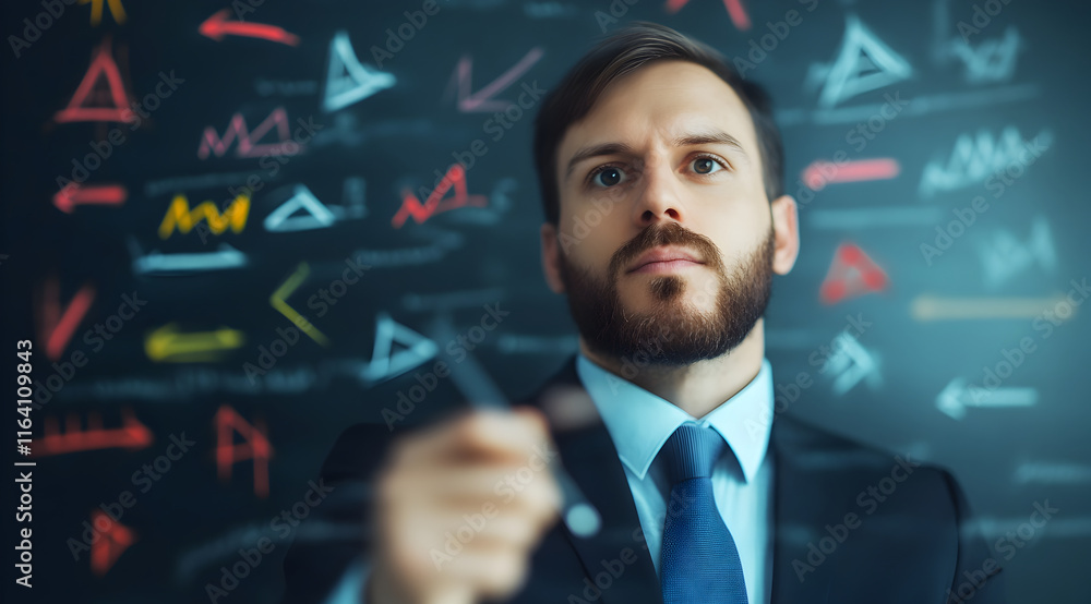 Poster a focused professional analyzes data on a blackboard filled with colorful diagrams and symbols, show