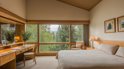 Fototapeta premium Serene Mountain Retreat: A tranquil bedroom bathed in natural light, featuring a plush bed, a cozy armchair, and a breathtaking view of a lush forest through expansive windows.
